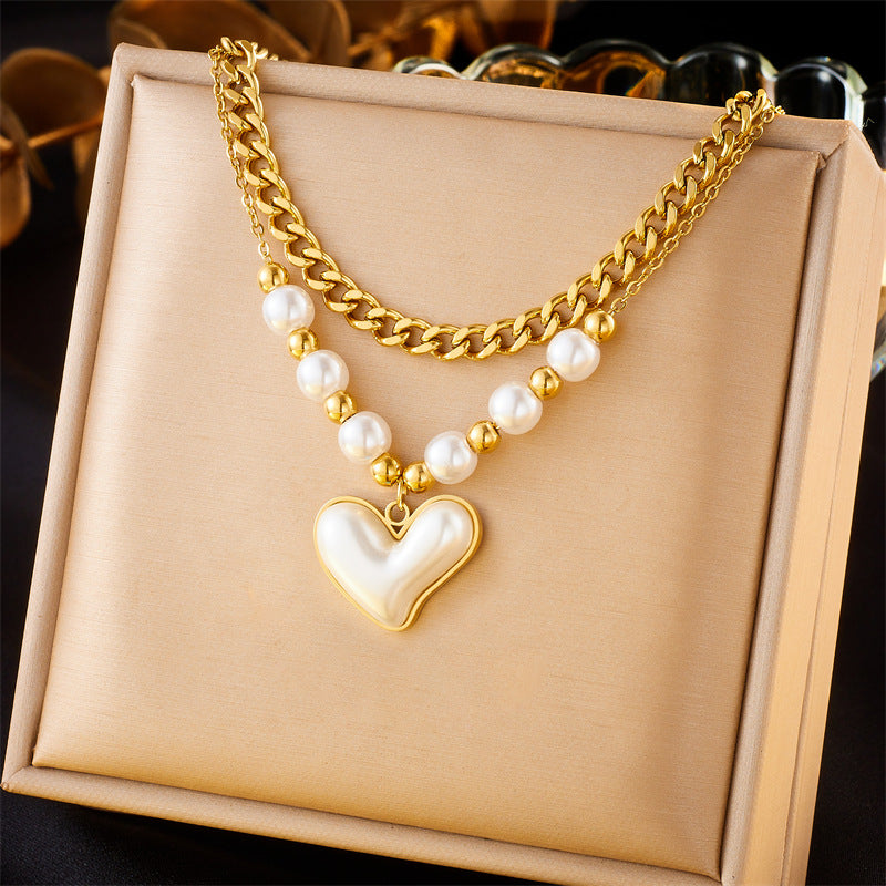 Wholesale Jewelry Simple Style Classic Style Heart Shape 304 Stainless Steel Pearl Inlay Pendant Necklace