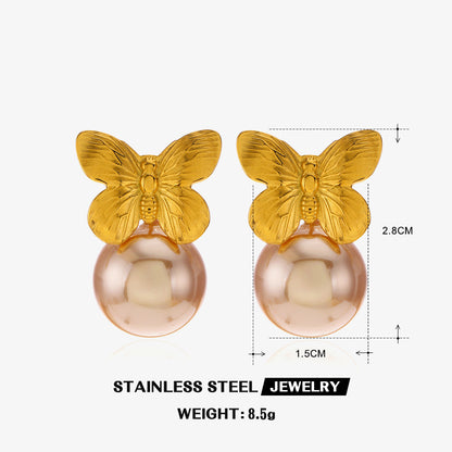 1 Pair Retro Butterfly Plating Inlay 304 Stainless Steel Artificial Pearls 18K Gold Plated Ear Studs