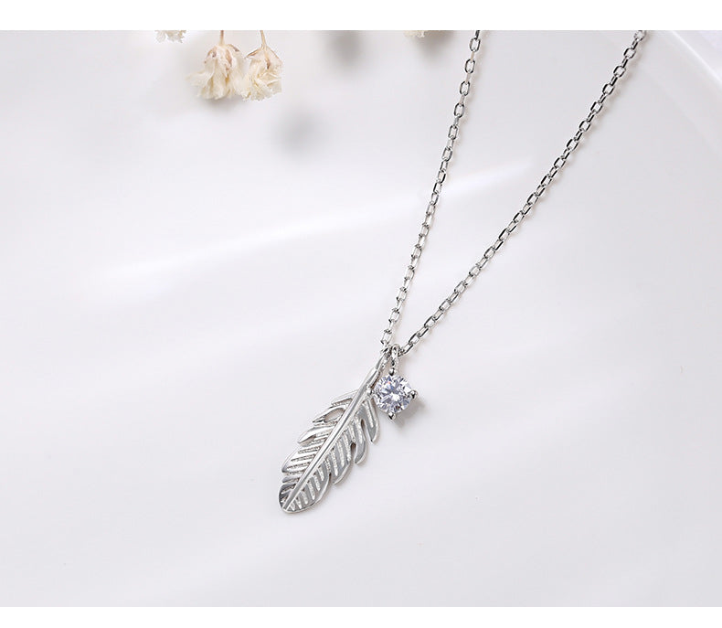 Elegant Sweet Korean Style Feather Sterling Silver Plating Inlay Zircon Pendant Necklace