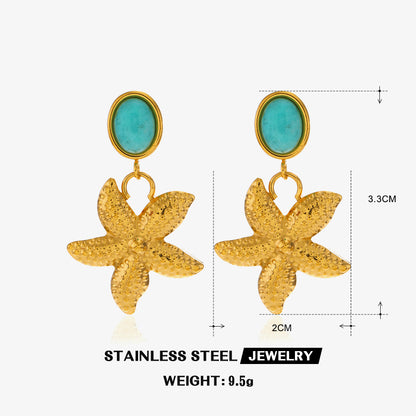 Wholesale Jewelry Beach Starfish Shell 304 Stainless Steel Artificial Pearls Amazonite 18K Gold Plated Inlay Rings Earrings