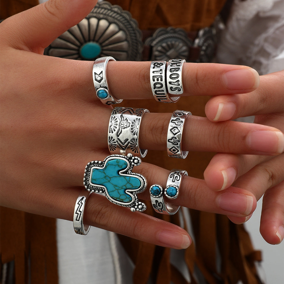 Cowboy Style Cactus Alloy Inlay Turquoise Women's Rings