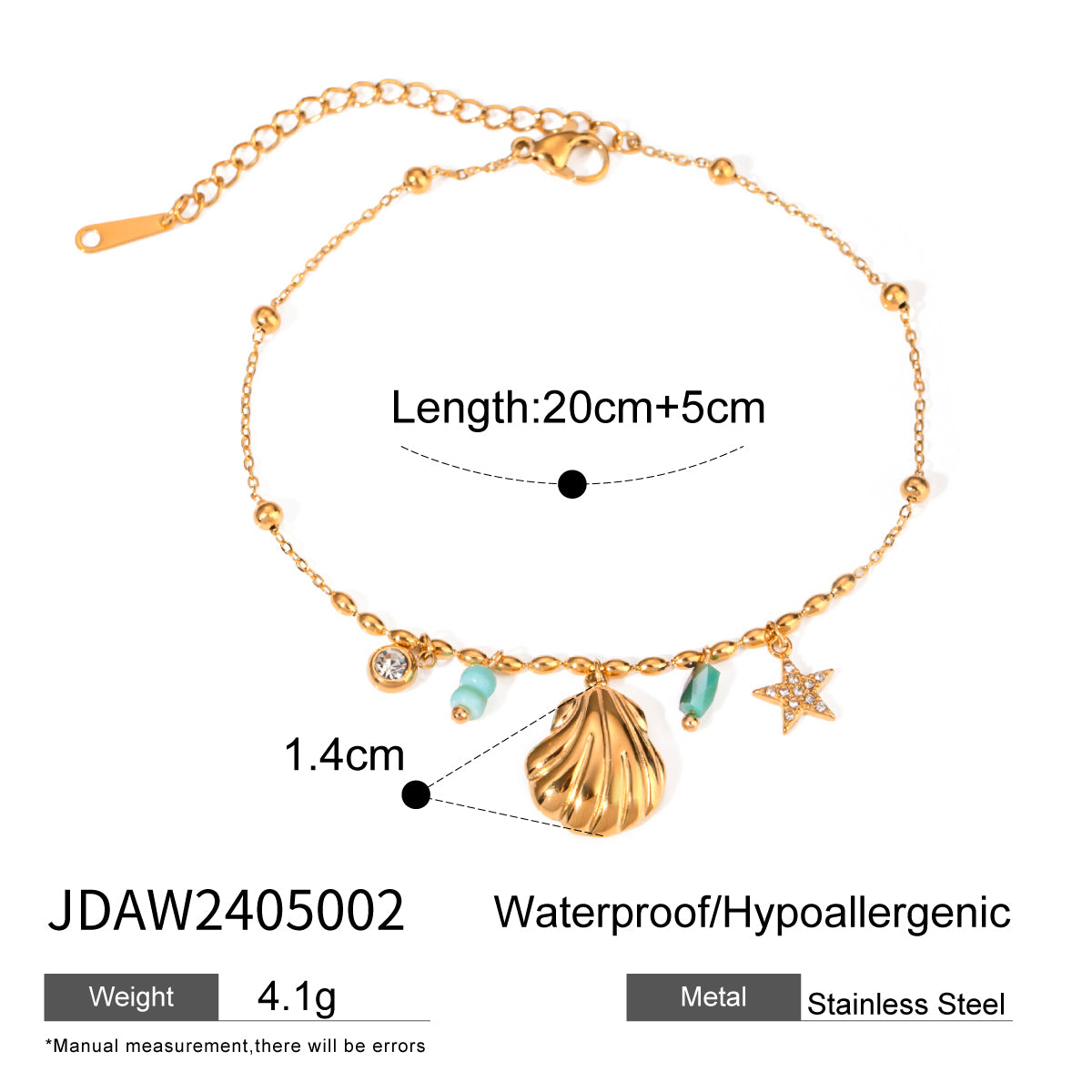 Wholesale Jewelry Vacation Marine Style Beach Starfish Shell 304 Stainless Steel Zircon 18K Gold Plated Inlay Anklet