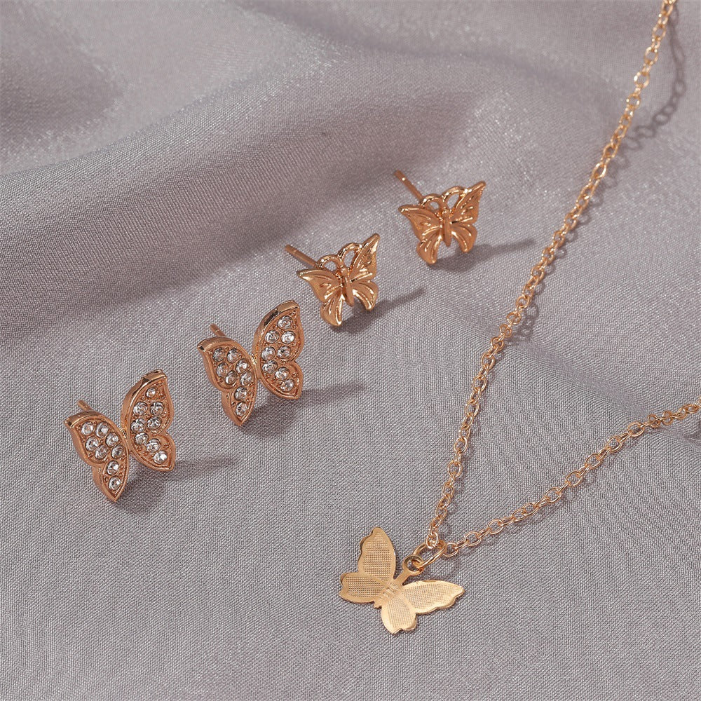 New Butterfly Necklace Simple Classic Butterfly Earrings Three-piece Set Wholesale Gooddiy