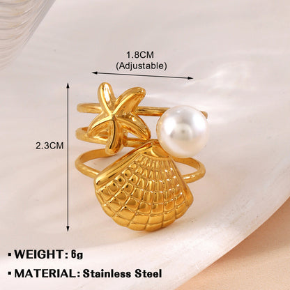 Wholesale Jewelry Marine Style Beach Scallop Starfish 304 Stainless Steel Artificial Pearls Turquoise Plating Inlay Open Rings