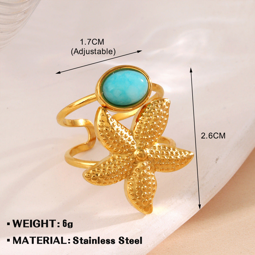 Wholesale Jewelry Marine Style Beach Scallop Starfish 304 Stainless Steel Artificial Pearls Turquoise Plating Inlay Open Rings