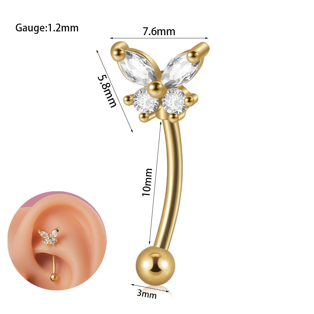 1 Piece Ear Cartilage Rings & Studs Casual Tropical Sweet Heart Shape Flower Butterfly 304 Stainless Steel Polishing Inlay Zircon 18K Gold Plated Lip Rings Ear Cartilage Rings & Studs