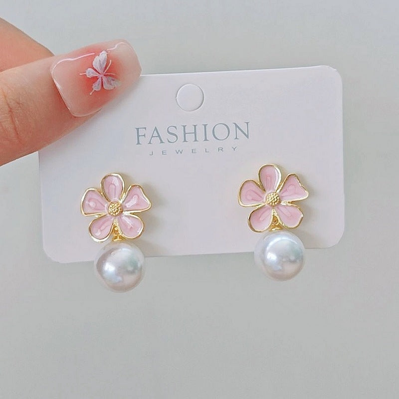 1 Pair Sweet Heart Shape Rose Flower Inlay Imitation Pearl Alloy Rhinestones Earrings