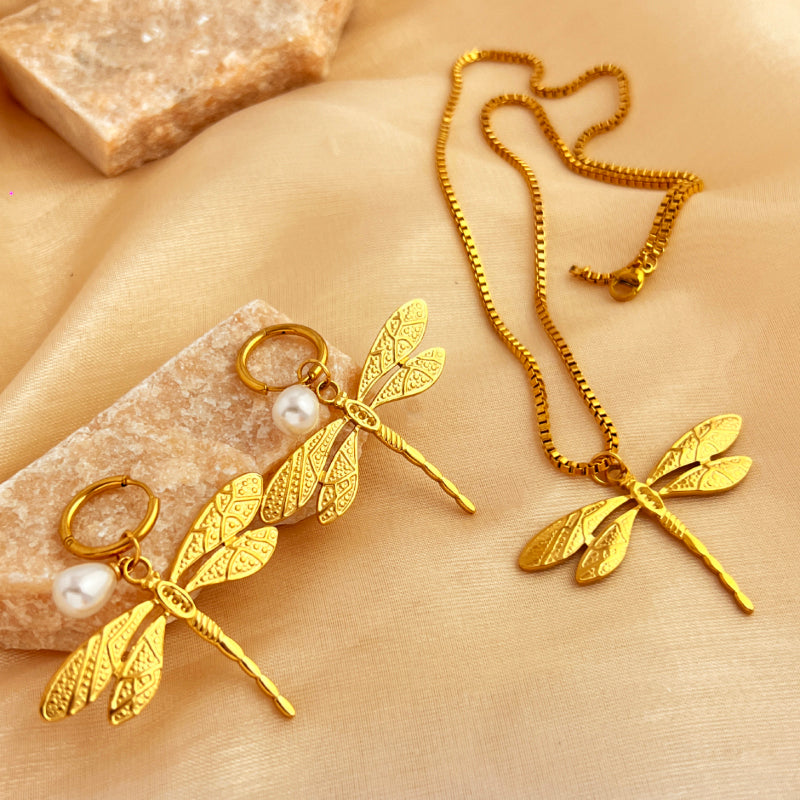 Wholesale Jewelry Retro Dragonfly 201 Stainless Steel Gold Plated Plating Jewelry Set