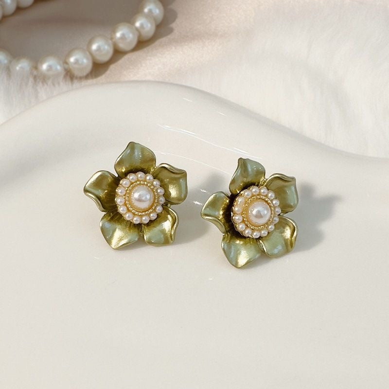 1 Pair Sweet Heart Shape Rose Flower Inlay Imitation Pearl Alloy Rhinestones Earrings