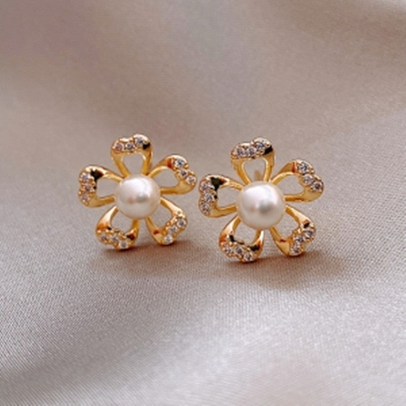 1 Pair Sweet Heart Shape Rose Flower Inlay Imitation Pearl Alloy Rhinestones Earrings