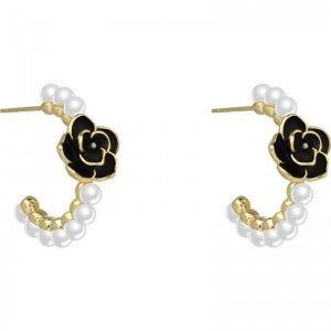 1 Pair Sweet Heart Shape Rose Flower Inlay Imitation Pearl Alloy Rhinestones Earrings