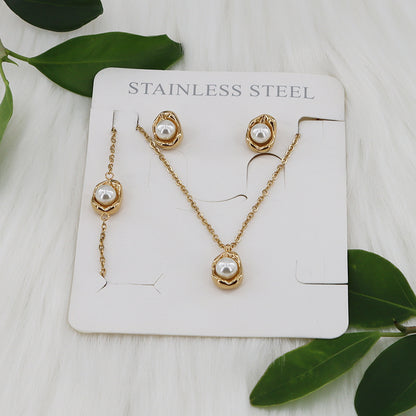 Wholesale Jewelry Casual Simple Style Classic Style Round 304 Stainless Steel Pearl Gold Plated Inlay Jewelry Set