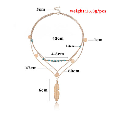 Retro Leaf Round Alloy Sequins Layered Beads Necklace
