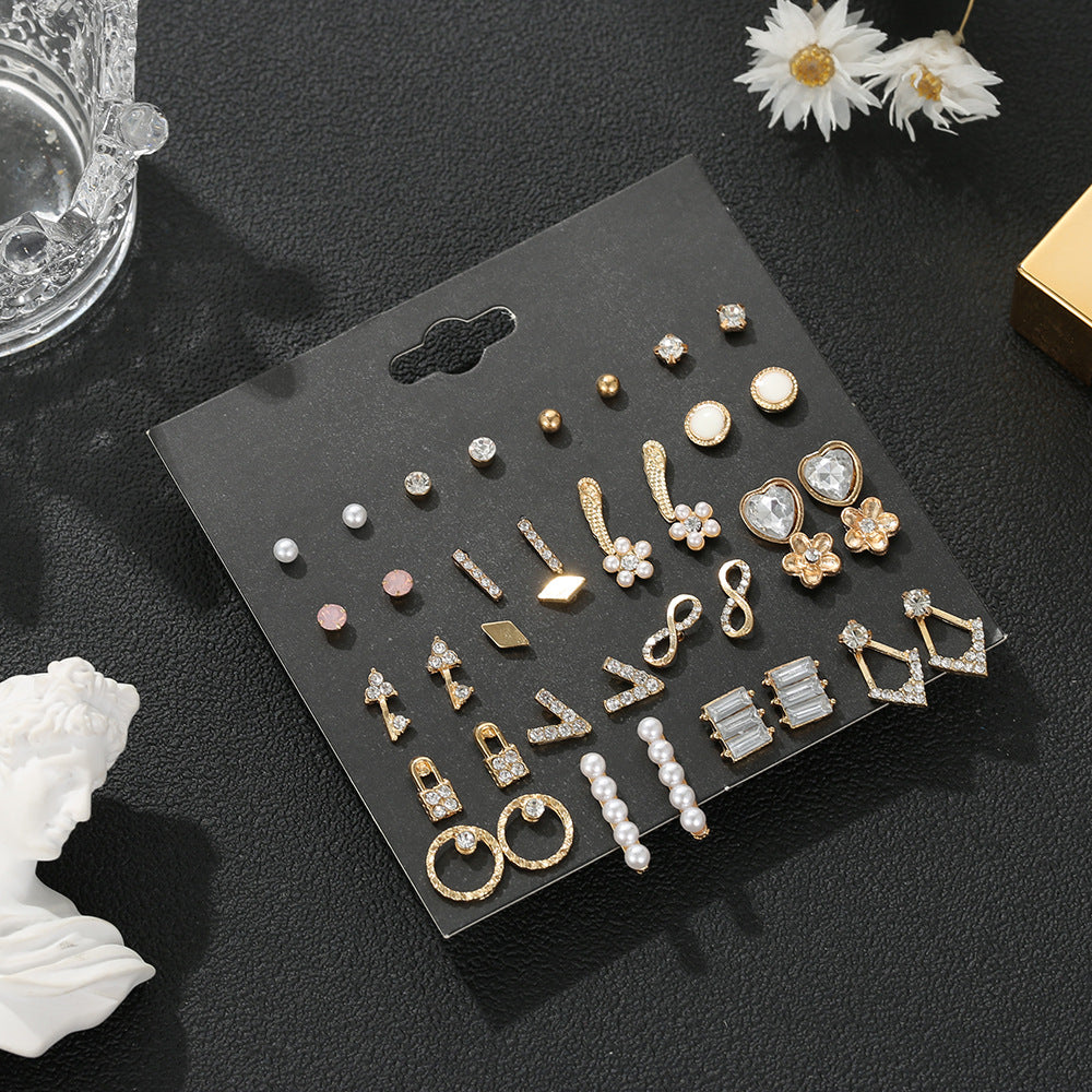 Vintage Inlaid Rhinestone Flower Pearl 20 Pairs Set Golden Alloy Earrings Jewelry Wholesale