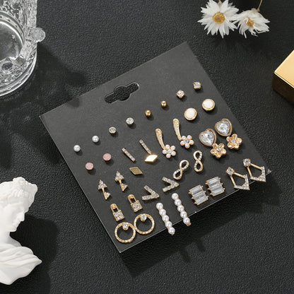 Vintage Inlaid Rhinestone Flower Pearl 20 Pairs Set Golden Alloy Earrings Jewelry Wholesale