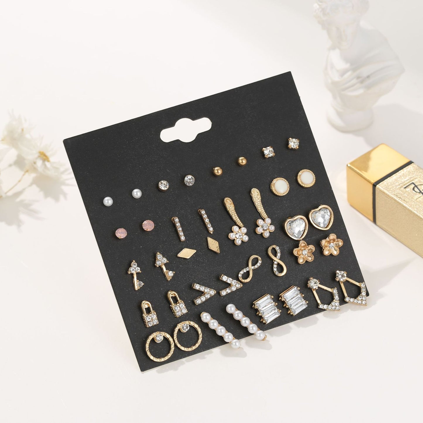 Vintage Inlaid Rhinestone Flower Pearl 20 Pairs Set Golden Alloy Earrings Jewelry Wholesale