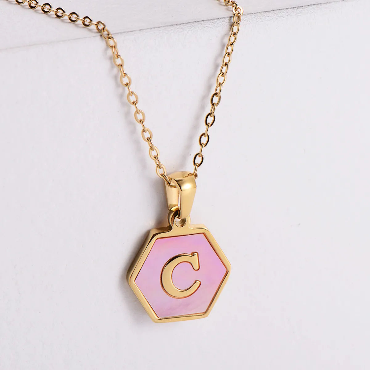 18k Gold Stainless Steel Pendant Inlaid Pink Shell Letter Necklace