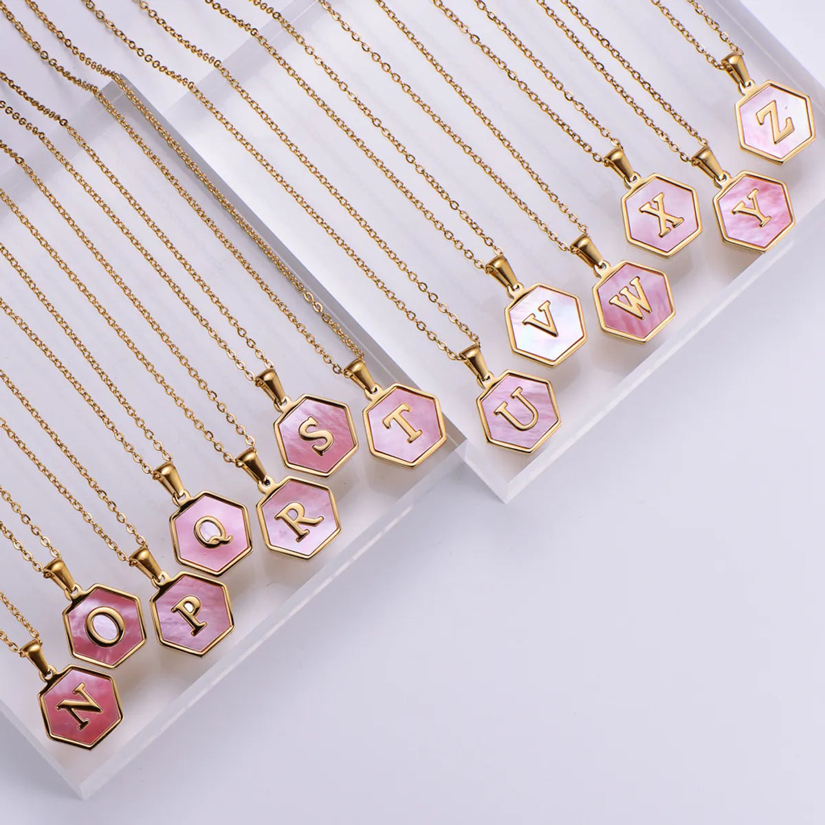 18k Gold Stainless Steel Pendant Inlaid Pink Shell Letter Necklace