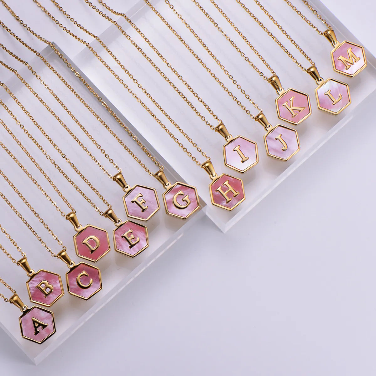 18k Gold Stainless Steel Pendant Inlaid Pink Shell Letter Necklace