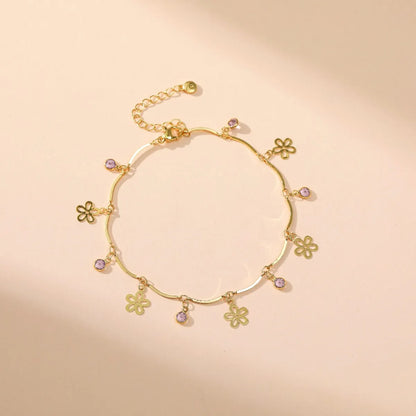 Pink Zircon Anklet For Women Copper Plating 18k Real Gold Fresh Flower Pendant Ornament Cross-border Hot Selling