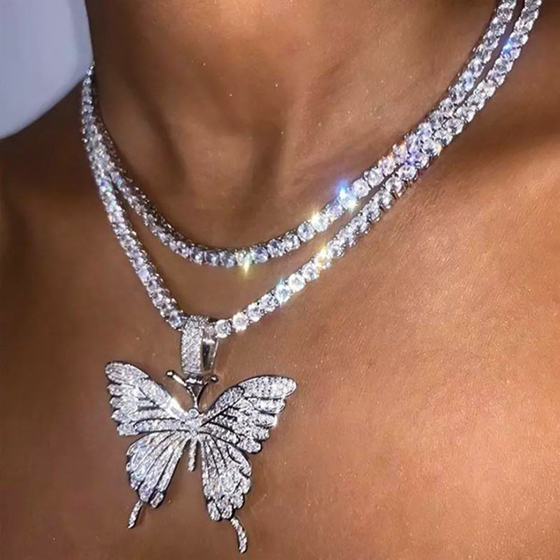 Fashion  Rhinestone Butterfly Pendant Necklace Hip Hop Jewelry  Choker