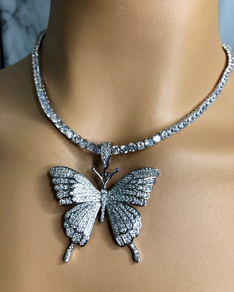 Fashion  Rhinestone Butterfly Pendant Necklace Hip Hop Jewelry  Choker