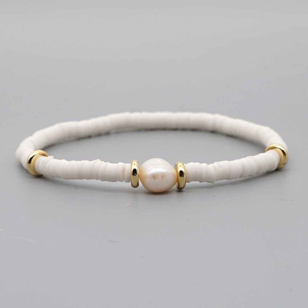 Fashion Bohemian Beach Style Natural Baroque Pearl Color Soft Ceramic Letter Bracelet For Women