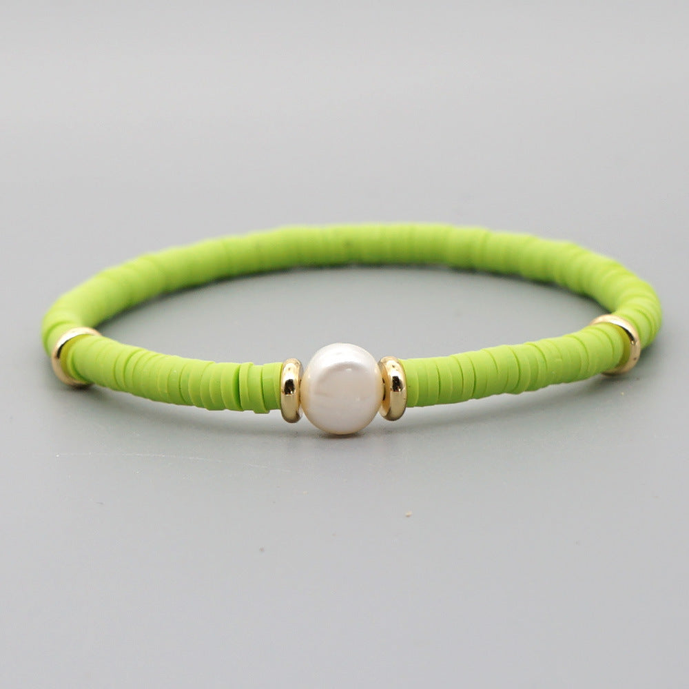 Fashion Bohemian Beach Style Natural Baroque Pearl Color Soft Ceramic Letter Bracelet For Women