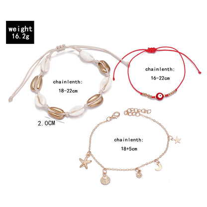 Three-layer Starfish Natural Shell Hand-woven Tassel Alloy Anklet 3-piece Set