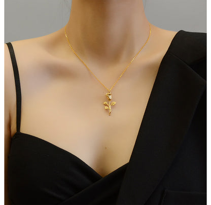 Rose Flower Titanium Steel Real Gold Plated Clavicle Women's Necklace