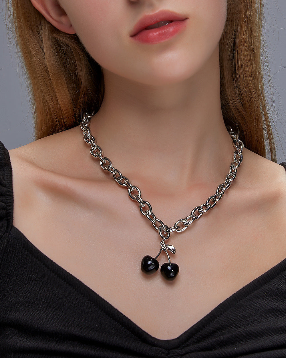 Fashion Black Cherry Exaggerated Thick Chain Word Buckle Necklace Fruit Choker Clavicle Chain