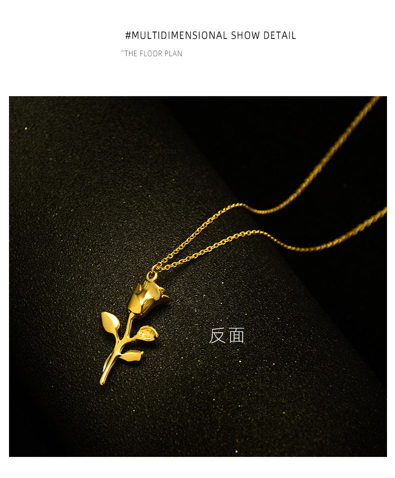 Rose Flower Titanium Steel Real Gold Plated Clavicle Women's Necklace