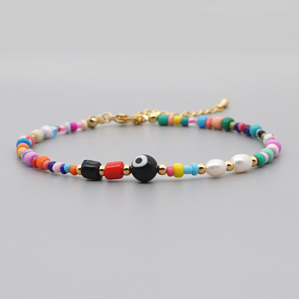 Bohemian Ethnic Style Eye Beads Rainbow Rice Beads Baroque Natural Freshwater Pearl Anklet Women