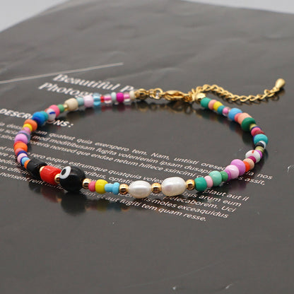 Bohemian Ethnic Style Eye Beads Rainbow Rice Beads Baroque Natural Freshwater Pearl Anklet Women