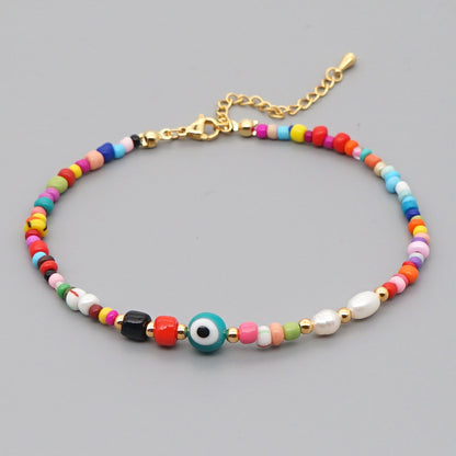 Bohemian Ethnic Style Eye Beads Rainbow Rice Beads Baroque Natural Freshwater Pearl Anklet Women