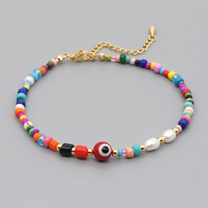 Bohemian Ethnic Style Eye Beads Rainbow Rice Beads Baroque Natural Freshwater Pearl Anklet Women