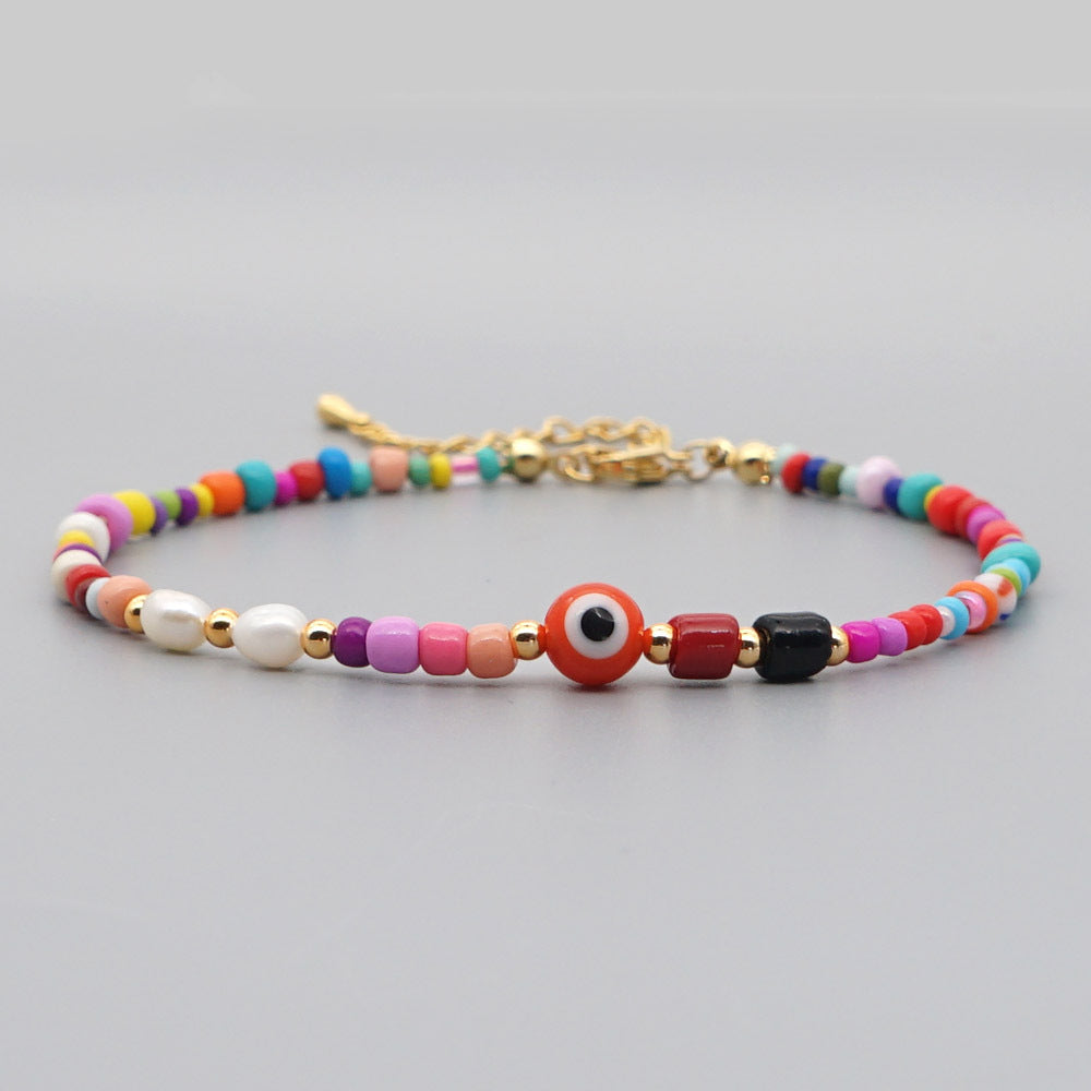 Bohemian Ethnic Style Eye Beads Rainbow Rice Beads Baroque Natural Freshwater Pearl Anklet Women