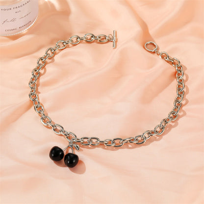 Fashion Black Cherry Exaggerated Thick Chain Word Buckle Necklace Fruit Choker Clavicle Chain