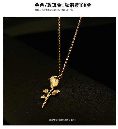 Rose Flower Titanium Steel Real Gold Plated Clavicle Women's Necklace