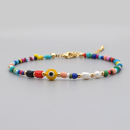 Bohemian Ethnic Style Eye Beads Rainbow Rice Beads Baroque Natural Freshwater Pearl Anklet Women