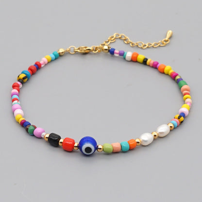 Bohemian Ethnic Style Eye Beads Rainbow Rice Beads Baroque Natural Freshwater Pearl Anklet Women