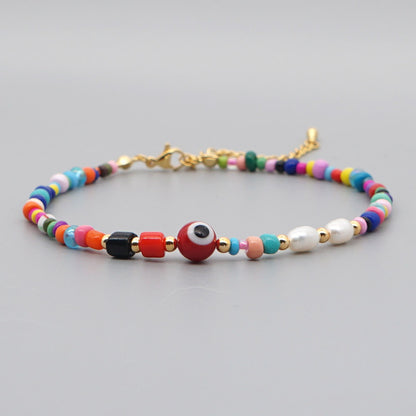 Bohemian Ethnic Style Eye Beads Rainbow Rice Beads Baroque Natural Freshwater Pearl Anklet Women