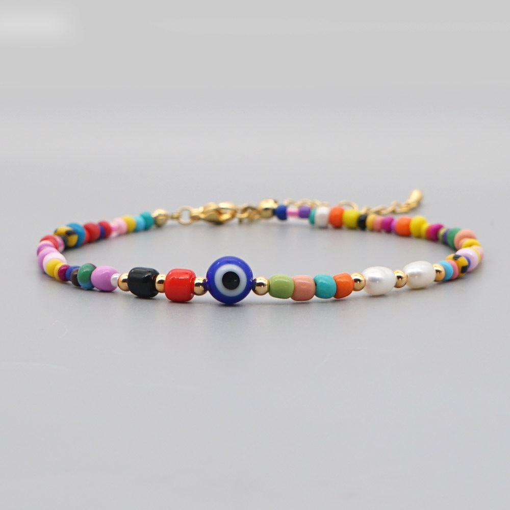 Bohemian Ethnic Style Eye Beads Rainbow Rice Beads Baroque Natural Freshwater Pearl Anklet Women