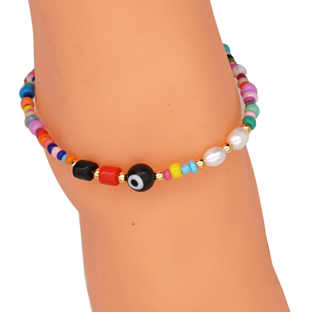 Bohemian Ethnic Style Eye Beads Rainbow Rice Beads Baroque Natural Freshwater Pearl Anklet Women