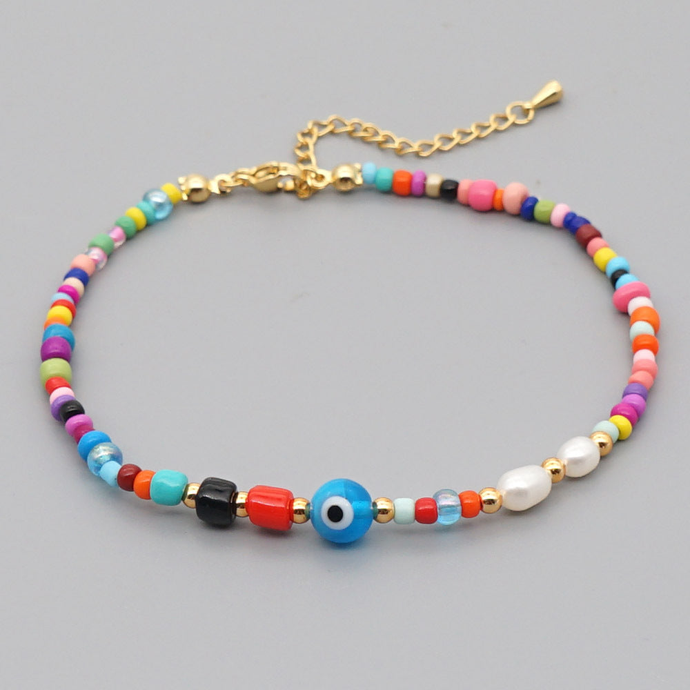 Bohemian Ethnic Style Eye Beads Rainbow Rice Beads Baroque Natural Freshwater Pearl Anklet Women