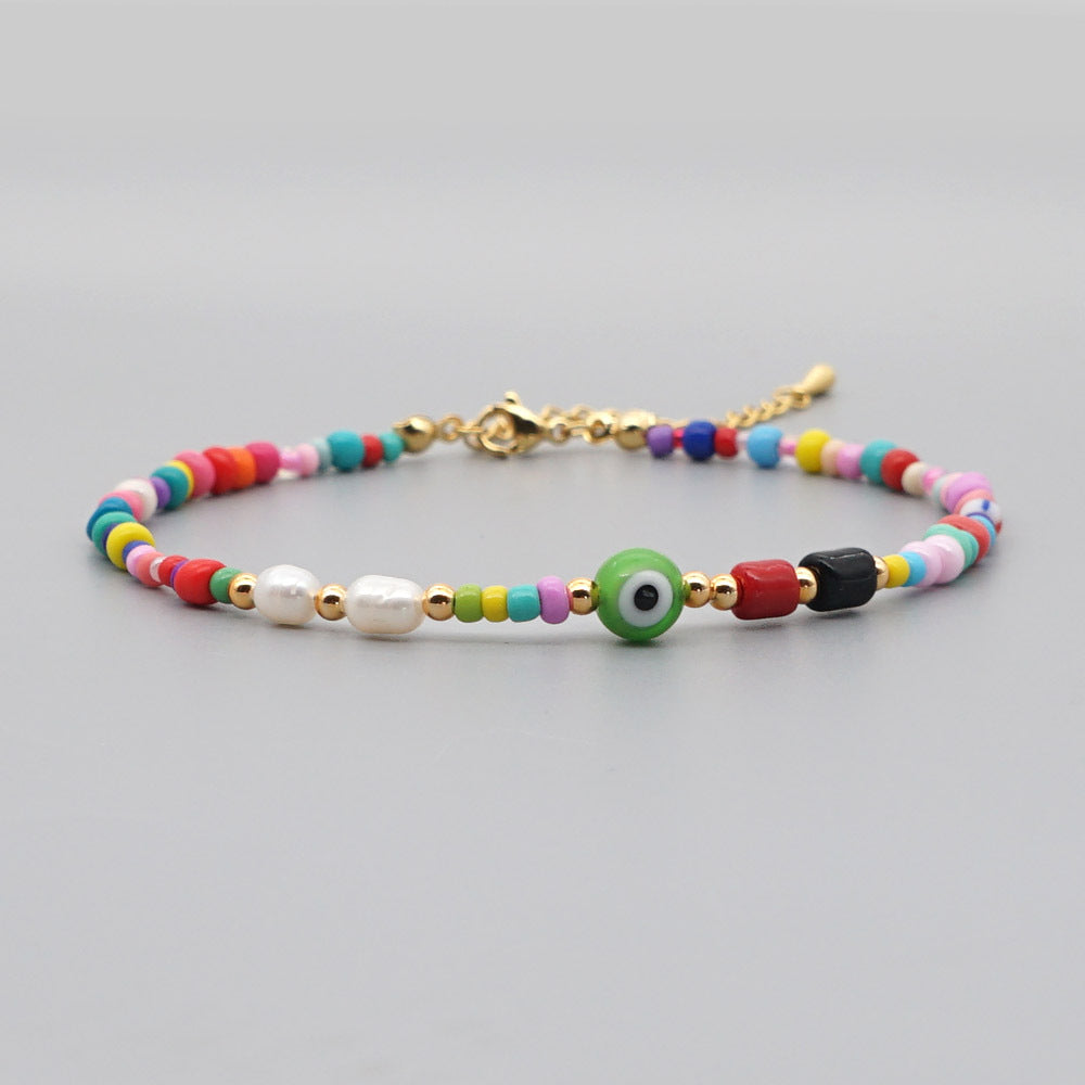 Bohemian Ethnic Style Eye Beads Rainbow Rice Beads Baroque Natural Freshwater Pearl Anklet Women