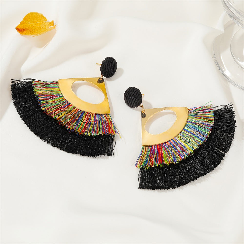 New Exaggerated Double-layer Fan-shaped Bohemian Retro Tassel Earrings Wholesale Gooddiy