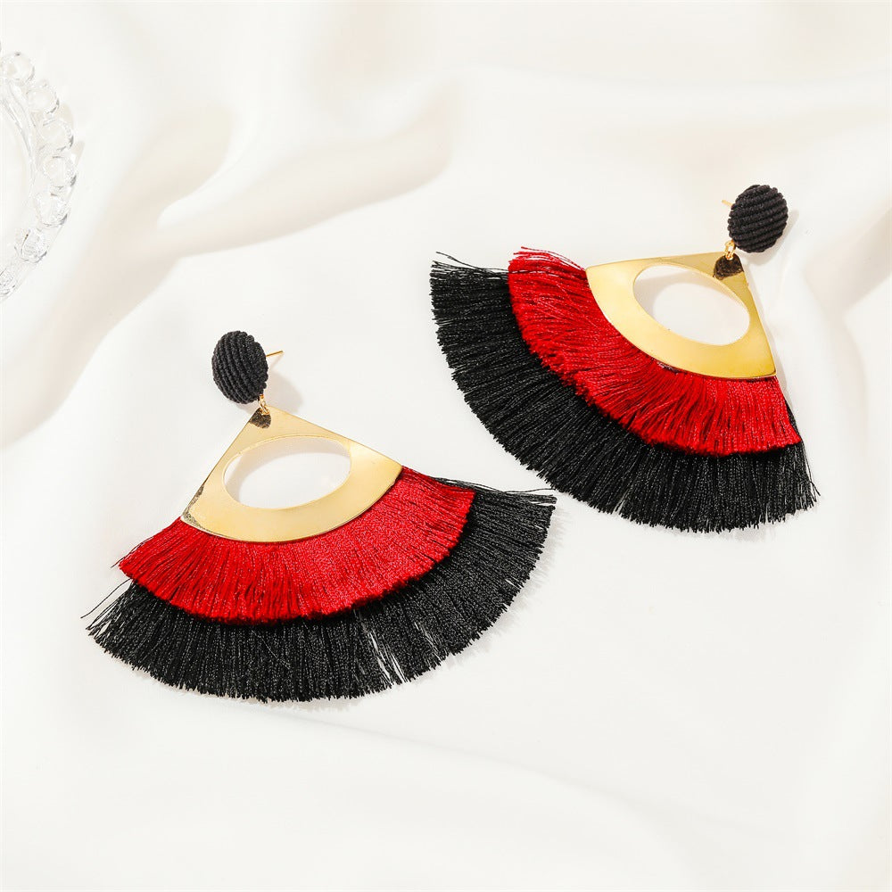 New Exaggerated Double-layer Fan-shaped Bohemian Retro Tassel Earrings Wholesale Gooddiy