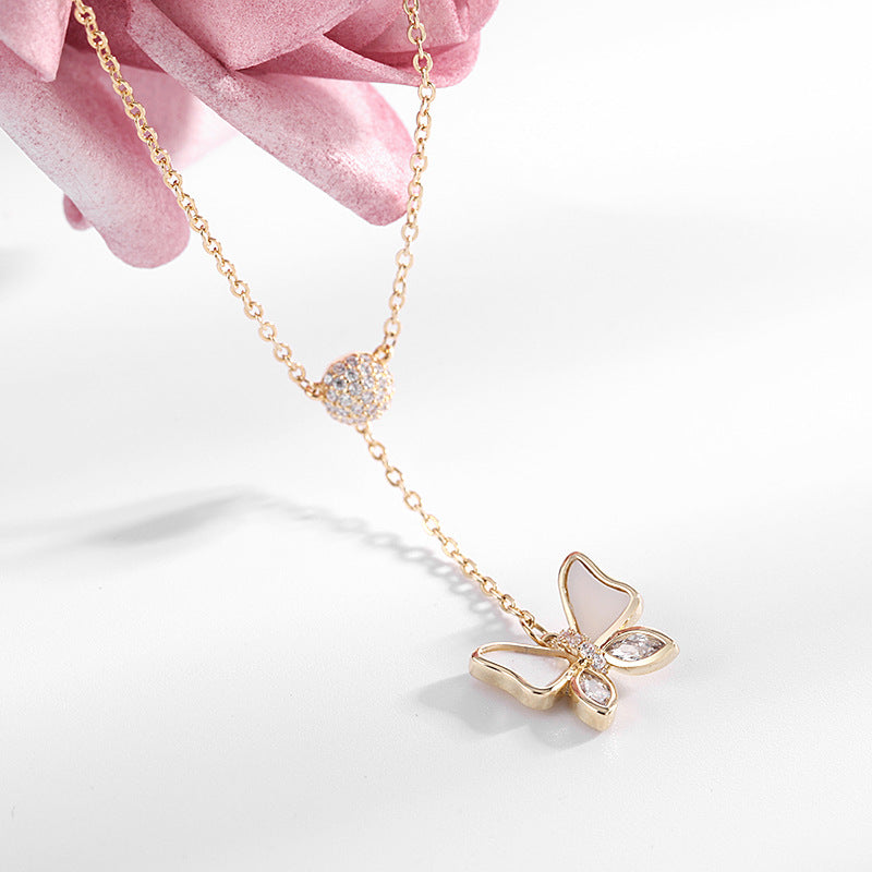 Copper Gold Plated Elegant Simple Style Butterfly Inlay Shell Zircon Necklace