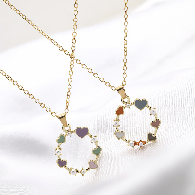 New Fashion Geometric Love-shaped Pearl Handmade Dripping Oil Ladies Wild  Necklace